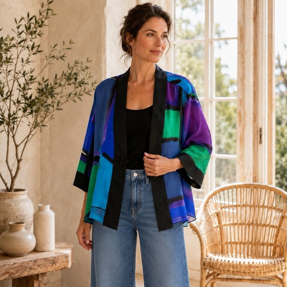 Simply Silk Jackets & Blazers - Simply Silk 100% Silk Patchwork Kimono Jacket Multicolor Abstract Print Sz M